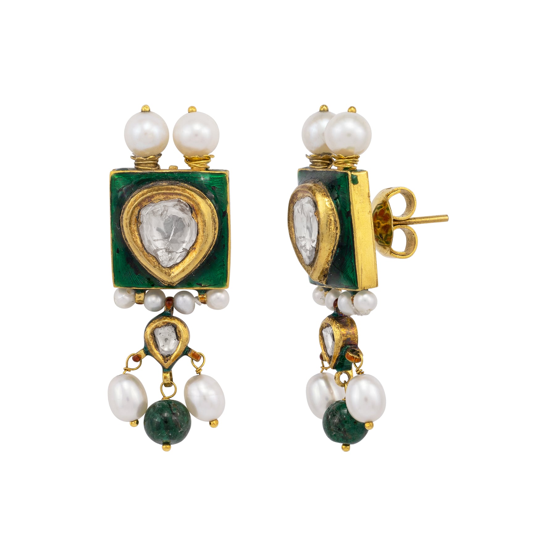 Green Meenakari Jadau Earrings with Pearls and Emerald Drops
